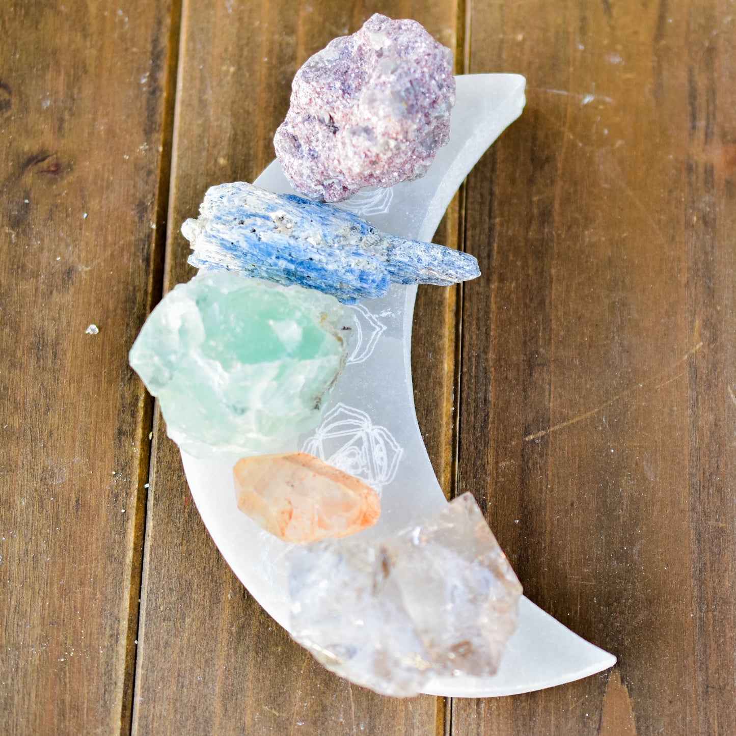 7 Chakras Crescent Moon Selenite Plate