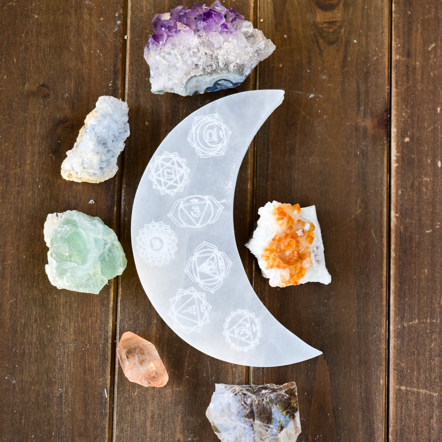 7 Chakras Crescent Moon Selenite Plate