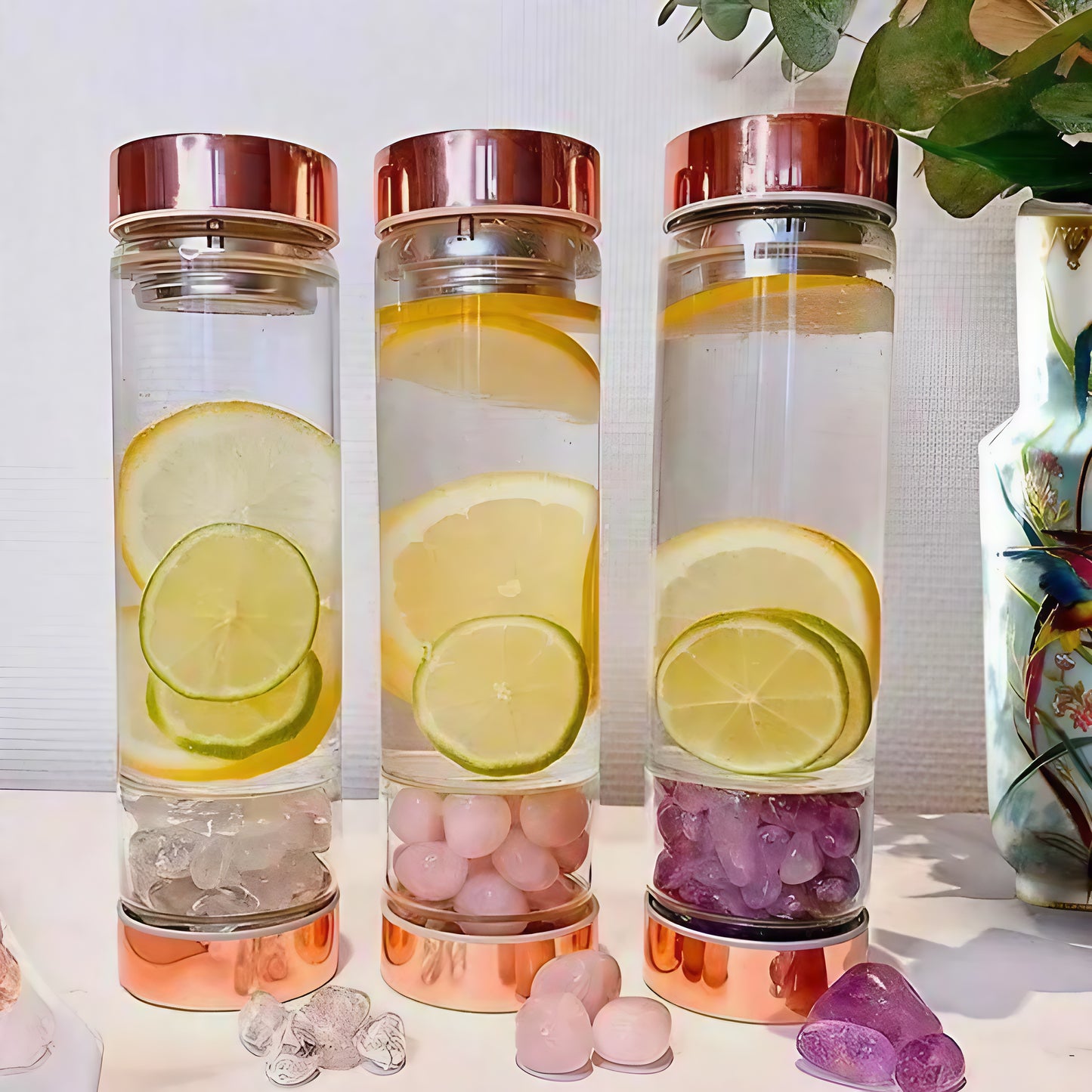Crystal Flow Bottle – Rose Gold Elixir Water Bottle with Tea Infuser (500 mL | 17 oz) | Zenys Inspirations
