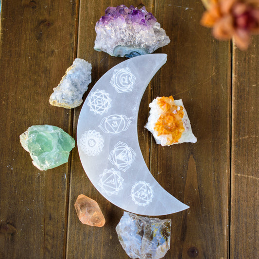 7 Chakras Crescent Moon Selenite Plate